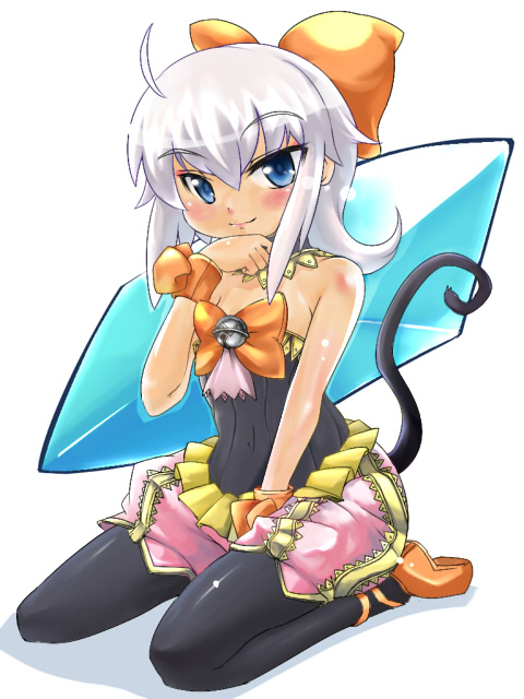 1girl bell blue_eyes cat_tail crystal female_focus final_fantasy final_fantasy_crystal_chronicles final_fantasy_crystal_chronicles:_echoes_of_time kneeling maru-maru pantyhose sherlotta silver_hair solo tail