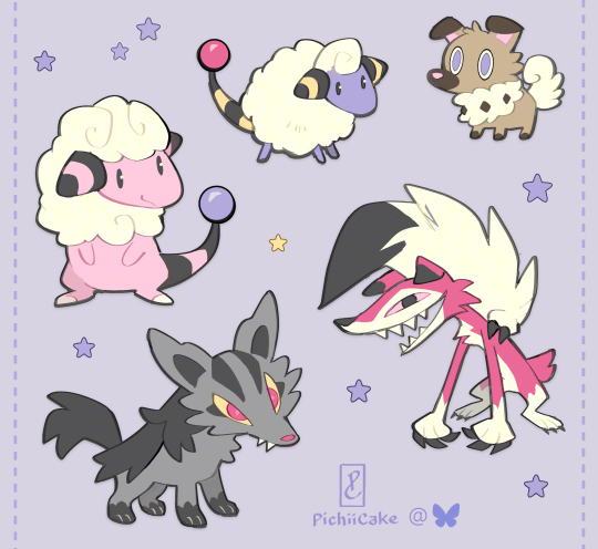 animal_focus black_eyes blue_eyes claws closed_mouth colored_sclera commentary evolutionary_line flaaffy full_body game_freak gen_2_pokemon gen_3_pokemon gen_7_pokemon lycanroc lycanroc_(midnight) mareep mightyena nintendo no_humans pichiicake pink_sclera pokemon pokemon_(creature) purple_background red_eyes rockruff sharp_teeth smile star_(symbol) teeth yellow_sclera