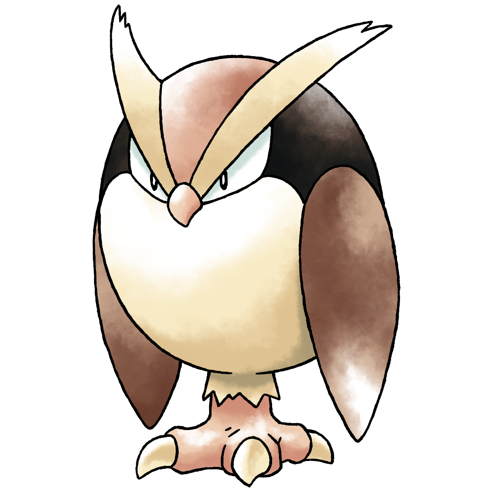 bird booboo_(noctowl) brown_feathers brown_wings derivative_work feathers full_body long_eyebrows looking_ahead nintendo no_humans official_style owl pokemon pokemon_(creature) pokemon_focus pokemon_gsc_(prototype) prototype_design raciebeep sanpaku simple_background solo standing standing_on_one_leg sugimori_ken_(style) tachi-e transparent_background watercolor_effect wings yellow_feathers