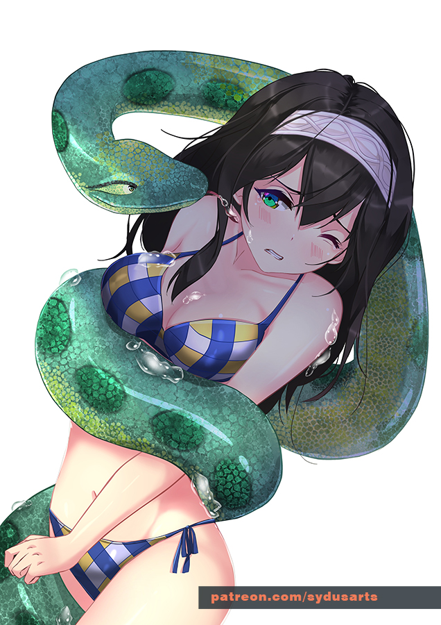 1girl anaconda artist_name bare_shoulders bikini black_hair blue_eyes blush breasts cleavage clenched_teeth collarbone constriction female_focus forked_tongue hairband idolmaster idolmaster_cinderella_girls long_hair navel one_eye_closed reptile restrained sagisawa_fumika saliva scales scared shiny_skin side-tie_bikini_bottom snake solo swimsuit sydus tears teeth tongue water_drop white_background