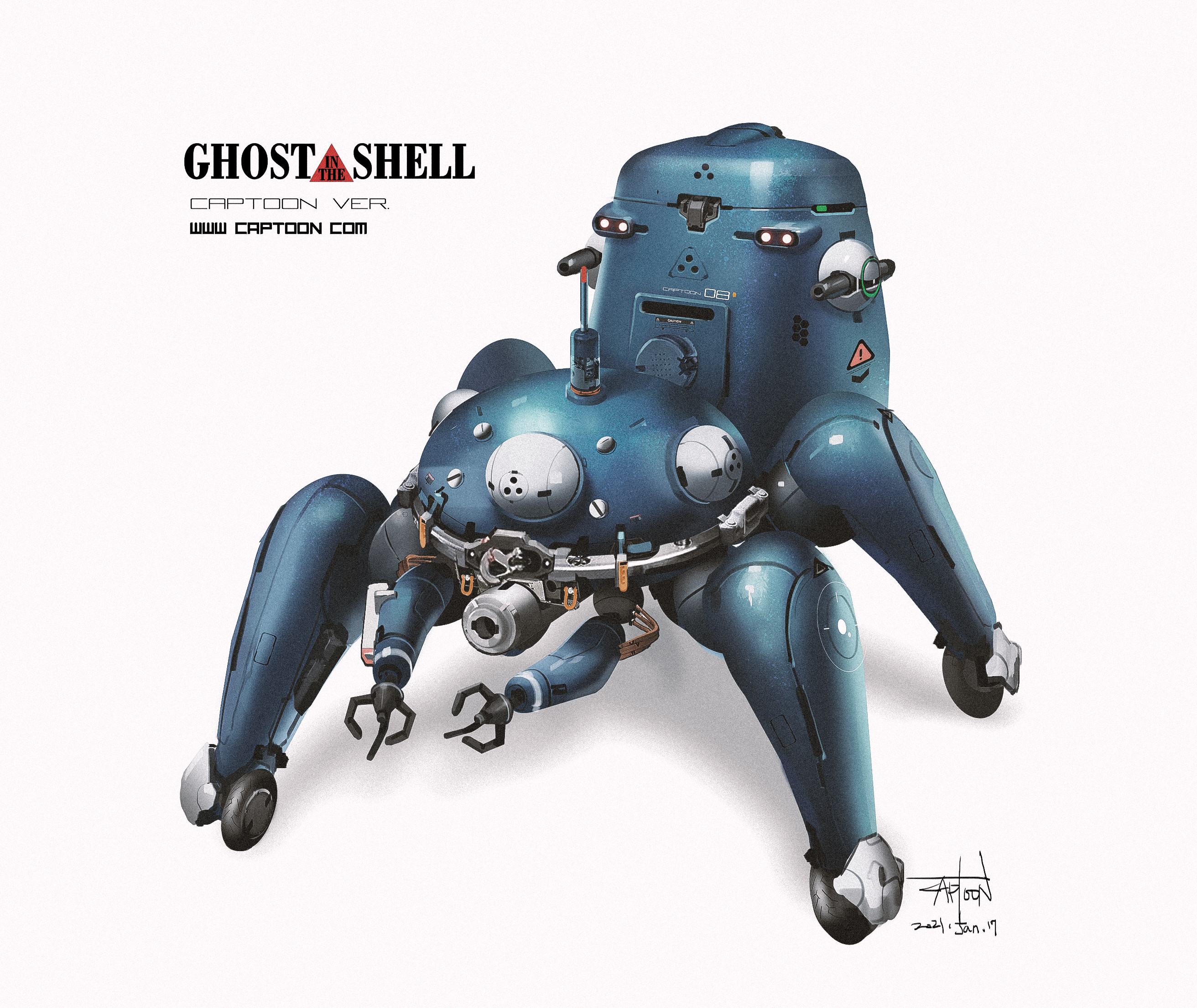 2021 cannon captoon claws cyberpunk dated ghost_in_the_shell highres lights logo machinery mecha mecha_focus no_humans realistic robot science_fiction signature simple_background solo tachikoma title walker_(robot) watermark web_address wheel white_background