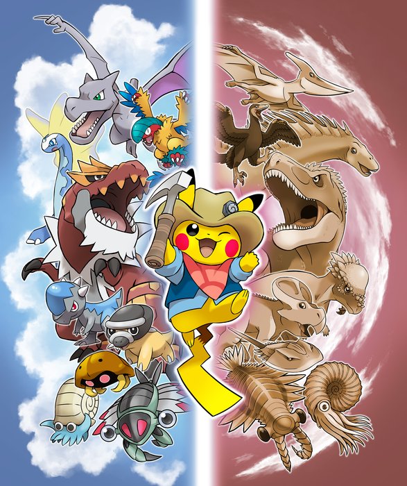 ;3 ;d aerodactyl ammonite ammonite_(animal) animal anomalocaris anorith archeops aurorus brown_headwear clothed_pokemon cloud commentary cranidos creatures_(company) english_commentary game_freak gen_1_pokemon gen_3_pokemon gen_4_pokemon gen_5_pokemon gen_6_pokemon hat clothed_pokemon holding horseshoe_crab kabuto_(pokemon) nintendo no_humans official_art omanyte one_eye_closed open_mouth pachycephalosaurus pikachu pokemon pokemon_(creature) prehistoric_animal protoceratops pterosaur sharp_teeth shieldon smile teeth tyrannosaurus_rex tyrantrum