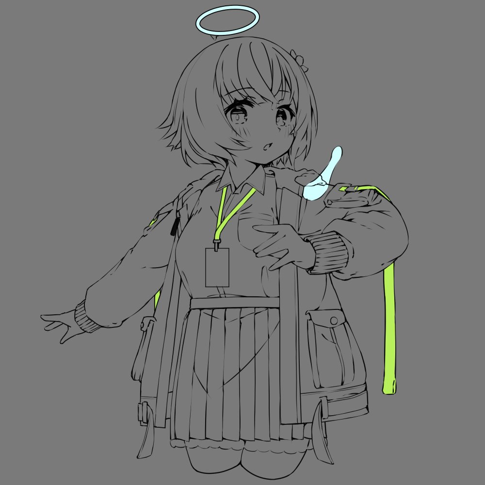 1girl :o blush breast_pocket breasts collared_shirt cropped_legs drenched_shizuku-san dress_shirt flower glowing grey_background greyscale hair_between_eyes hair_flower hair_ornament halo hand_up hood hooded_jacket hop_step_jan id_card jacket lanyard long_sleeves looking_at_viewer medium_breasts monochrome open_clothes open_jacket outstretched_arm parted_lips pleated_skirt pocket puffy_long_sleeves puffy_sleeves shirt shirt_tucked_in short_hair simple_background skirt sleeves_past_wrists small_breasts solo spot_color standing vrchat
