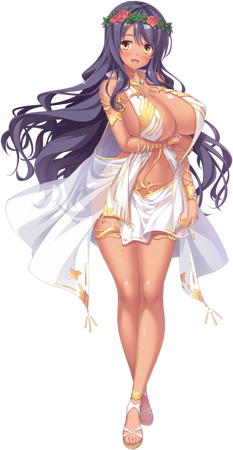 1girl :d arabian_clothes arm_at_side arm_under_breasts armlet black_hair blush breast_curtains breasts circlet cleavage dancer dark-skinned_female dark_skin full_body game_cg head_wreath highres hinata_nao jewelry large_breasts long_hair looking_at_viewer madri_parnepoli navel non-web_source official_art open_mouth pelvic_curtain sandals see-through_clothes sex_open_world_e_youkoso! smile solo wavy_hair yellow_eyes