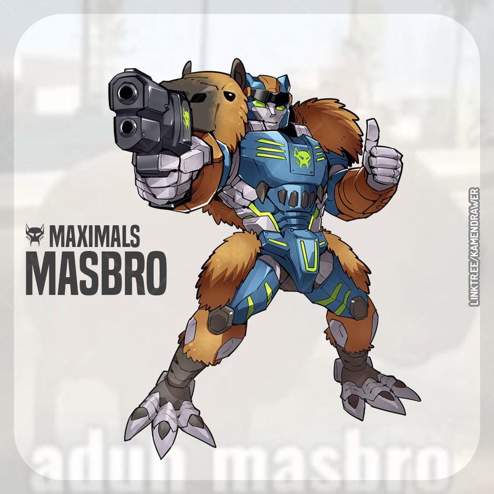 ashmish beast_wars character_name green_eyes gun holding holding_gun holding_weapon looking_at_viewer maximal mecha no_humans original robot science_fiction smile solo standing thumbs_up transformers watermark weapon web_address