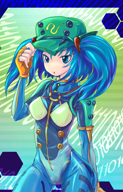 1girl blue_bodysuit blue_eyes blue_hair bodysuit breasts commentary_request gloves green_hat hat kabutoyama kawashiro_nitori mecha_pilot_suit medium_breasts neon_genesis_evangelion o-ring orange_gloves plugsuit_(evangelion) solo touhou two_side_up