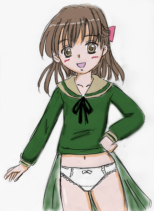 1girl black_ribbon blush bow bow_panties brown_eyes brown_hair collarbone crotch_seam green_shirt hair_bow hand_on_own_hip lace lace-trimmed_panties lace_trim long_hair long_sleeves looking_at_viewer maria-sama_ga_miteru midriff naitou_shouko navel neck_ribbon open_mouth panties pink_bow ribbon school_uniform shirt showgirl_skirt smile standing su_(pixiv_263717) underwear white_background white_bow white_panties