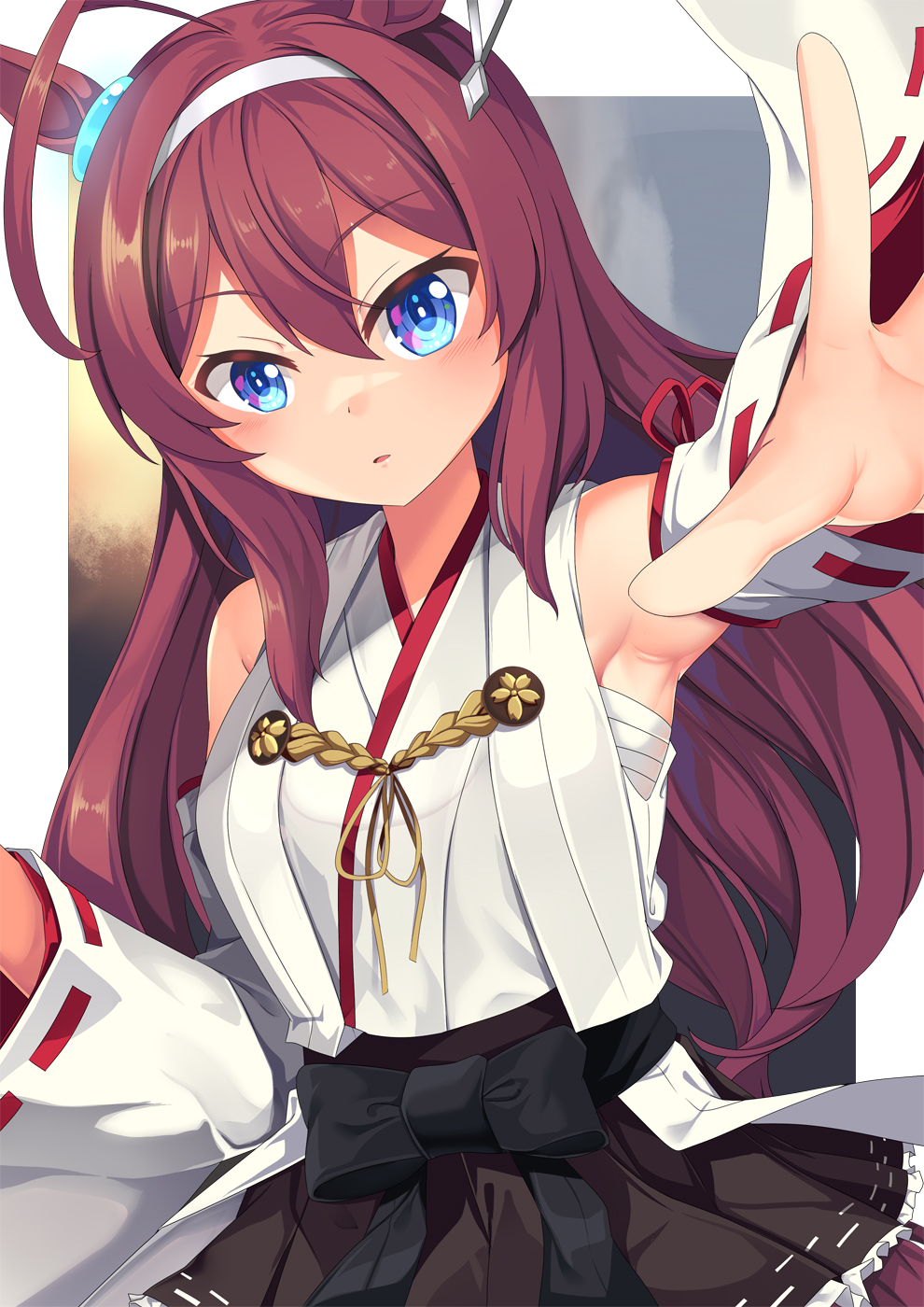 1girl alternate_costume animal_ears black_skirt blue_eyes blurry blurry_background breasts brown_hair cosplay cowboy_shot detached_sleeves ear_ornament hair_between_eyes hairband hakama hakama_short_skirt hakama_skirt headgear highres horse_ears horse_girl horse_tail japanese_clothes kantai_collection kongou_(kancolle) kongou_(kancolle)_(cosplay) kongou_kai_ni_(kancolle) long_hair looking_at_viewer medium_breasts mihono_bourbon_(umamusume) nontraditional_miko ribbon-trimmed_sleeves ribbon_trim skirt solo tail umamusume white_background yasume_yukito