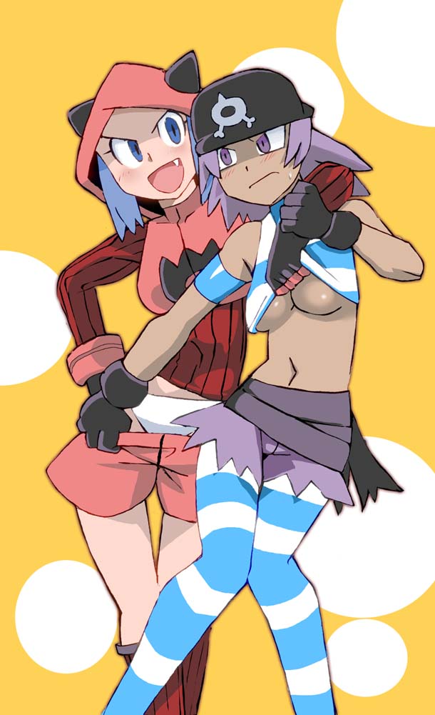 2girls :d bandana black_bandana blue_eyes blue_hair blue_pantyhose blush breasts closed_mouth clothes_lift clothes_pull commentary_request fang frown gloves hood hood_up logo midriff multiple_girls navel nintendo onnaski open_mouth panties pantyhose pokemon pokemon_oras purple_eyes shirt_lift shorts shorts_pull smile striped_clothes striped_pantyhose team_aqua team_aqua_grunt team_aqua_grunt_(female) team_magma_grunt torn_clothes torn_shorts underboob underwear white_panties yuri