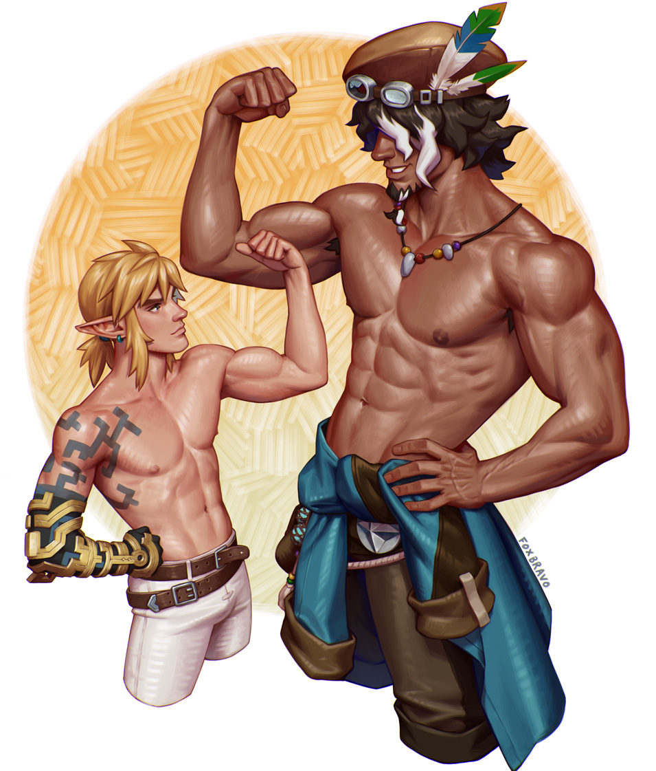 2boys abs armpit_hair armpit_hair_peek artist_name bara beard belt blonde_hair dark-skinned_male dark_skin earrings flexing fox_bravo hair_over_eyes jewelry link looking_at_another multicolored_hair multiple_boys muscular muscular_male necklace nintendo pectorals pointy_ears ponytail streaked_hair tauro_(totk) the_legend_of_zelda the_legend_of_zelda:_tears_of_the_kingdom tied_beard topless_male veins