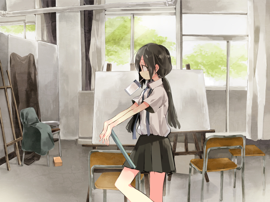 1girl art_room black_hair canvas_(object) char easel female_focus harikamo long_hair mouth_hold original profile school_uniform solo twintails window