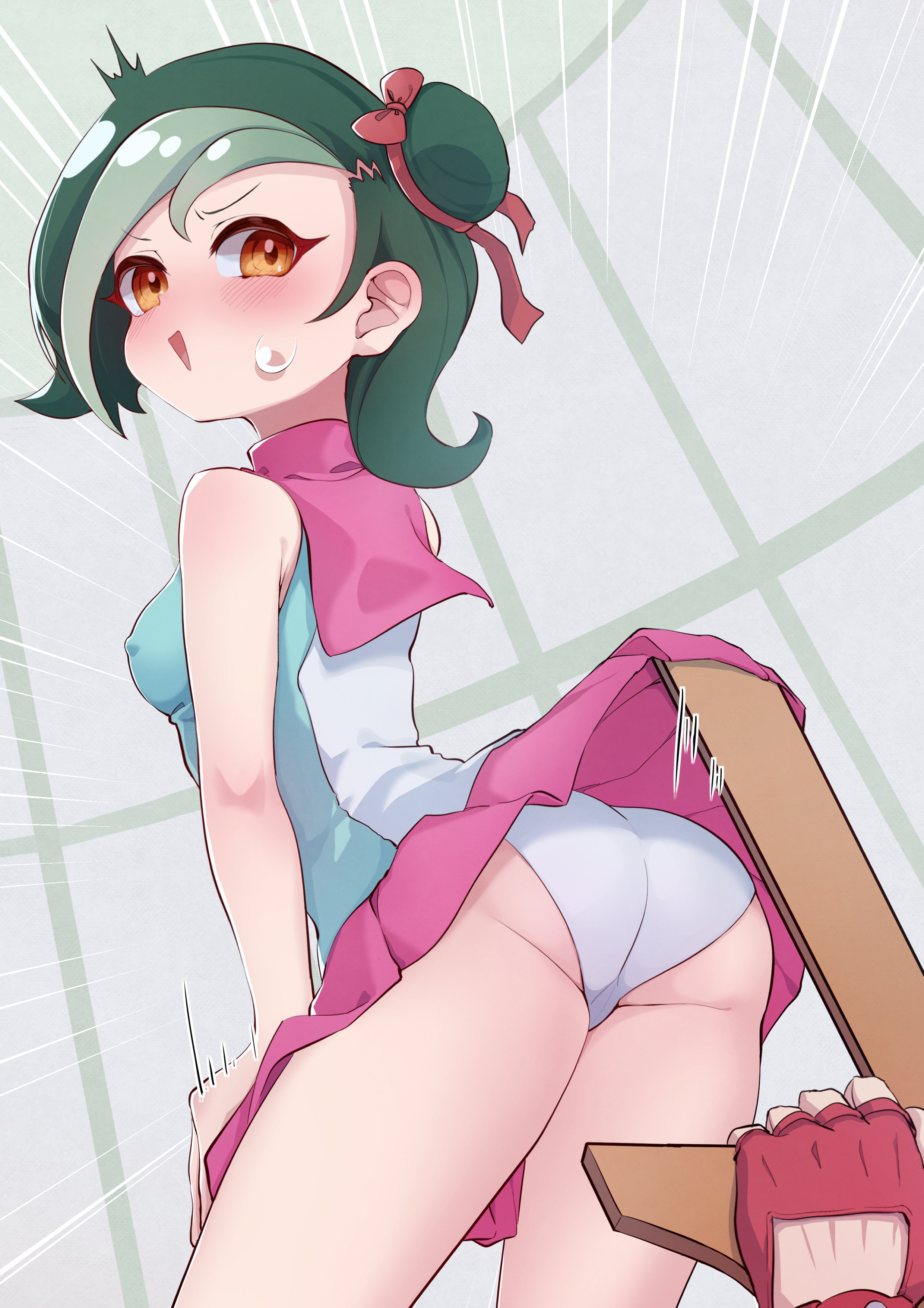 1girl absurdres ass blush breasts brown_eyes c_civciv clothes_lift commission covered_erect_nipples colored_bangs embarrassed green_hair hair_bun hair_ribbon highres mizuki_kotori_(yu-gi-oh!) multicolored_hair multiple_girls panties pantyshot pink_skirt pixiv_commission ribbon school_uniform single_hair_bun skirt skirt_lift small_breasts solo_focus sweat two-tone_hair underwear yu-gi-oh! yu-gi-oh!_zexal
