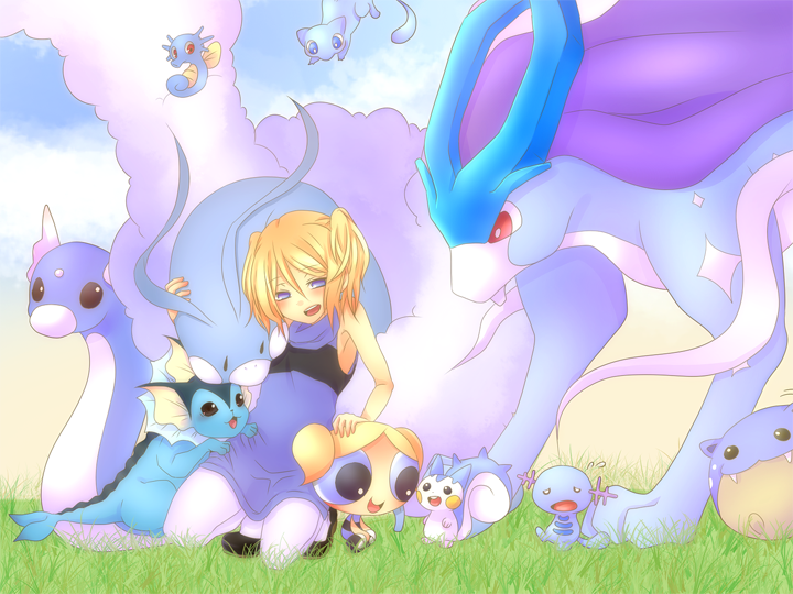 1990s_(style) 2girls altaria alternate_color blonde_hair blue_eyes blue_theme bubbles_(ppg) cartoon_network chibi crossover dratini dual_persona gen_1_pokemon gen_2_pokemon gen_3_pokemon gen_4_pokemon grass headpat horsea legendary_pokemon mew_(pokemon) multiple_girls mythical_pokemon naughty_face nintendo open_mouth pachirisu pantyhose pokemon pokemon_(creature) pokemon_gsc powerpuff_girls red_eyes retro_artstyle shiny_pokemon shirayuki_touya sky spheal suicune vaporeon white_pantyhose wooper