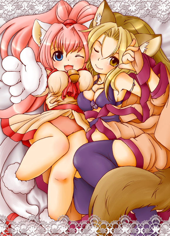 2girls animal_ear_fluff animal_ears animal_hands armpits bare_shoulders bell blonde_hair blue_eyes blush breasts brown_eyes brown_hair cat_ears cat_girl cat_paws cat_tail cleavage collarbone dress fang fox_ears fox_girl fox_tail full_body gloves hair_between_eyes high_ponytail japanese_clothes kimono large_breasts leotard long_hair looking_at_viewer lying melody_sinclair multicolored_hair multiple_girls on_back one_eye_closed open_mouth outstretched_hand paw_gloves paw_shoes pink_hair pink_leotard ponytail ribbon setouchi_kurage short_sleeves smile tachibana_yura tail tail_ornament tail_ribbon tooth very_long_hair wavy_hair wide_ponytail yellow_dress yukata yuukyuu_gensoukyoku