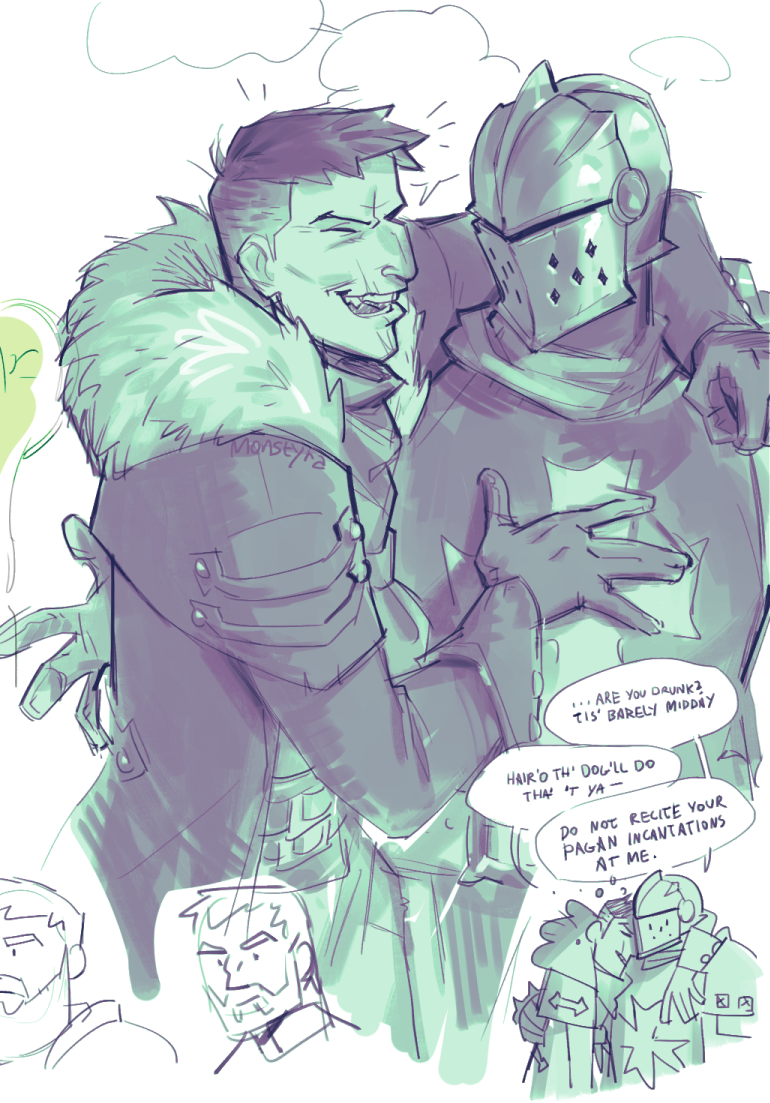 2boys beard coat collage connected_beard couple crusader_(darkest_dungeon) darkest_dungeon doodle_inset drunk english_text gloves green_theme helmet highwayman_(darkest_dungeon) knight laughing male_focus mature_male monochrome monstyra multiple_boys short_hair speech_bubble squeans yaoi