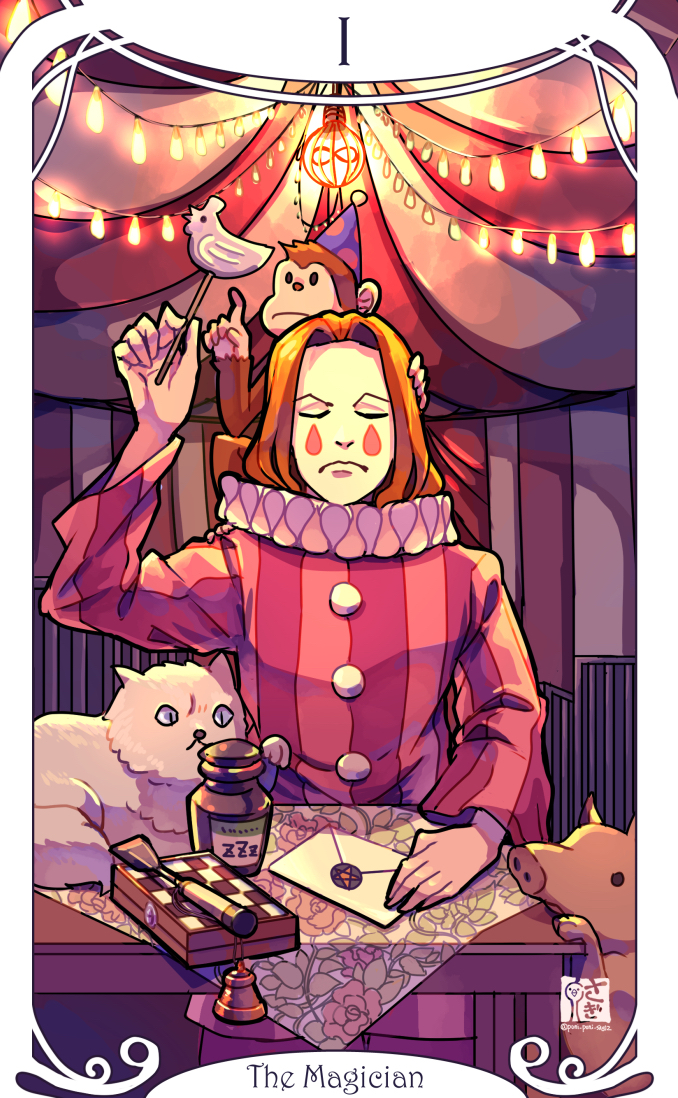 1boy ace_attorney ace_attorney_investigations ace_attorney_investigations_2:_prosecutor&#039;s_gambit animal animal_on_head arm_up bell card_(medium) cat chessboard chisel circus_tent closed_eyes clown clown_boy envelope facepaint facial_mark hand_on_table holding male_focus medium_hair monkey neck_ruff on_head parted_bangs pig red_hair saginoko sarushiro_souta solo spoilers string_of_light_bulbs striped_clothes table tarot teardrop_facial_mark the_magician_(tarot) vertical-striped_clothes white_facepaint