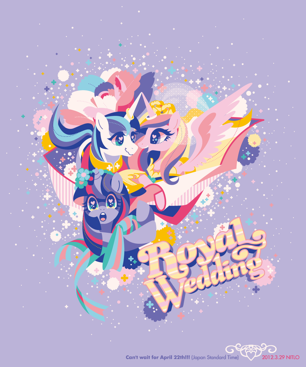 blonde_hair blue_eyes blue_hair princess_cadance couple highres horns jewelry long_hair multicolored_hair my_little_pony my_little_pony:_friendship_is_magic nitlo pink_hair purple_eyes purple_hair ring shining_armor simple_background single_horn twilight_sparkle unicorn wedding_ring wings