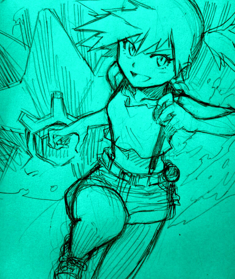 1girl asymmetrical_hair breasts denim denim_shorts eyelashes gen_1_pokemon gym_leader hair_between_eyes hair_tie holding looking_at_viewer misty_(pokemon) navel nintendo open_mouth orange_hair pokemon pokemon_(anime) pokemon_(classic_anime) ponytail sei_jun seijun shirt short_hair short_shorts shorts side_ponytail smile solo starmie stomach suspenders tank_top yellow_shirt yellow_tank_top