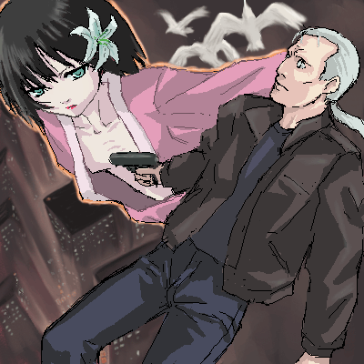 1boy 1girl age_difference android aqua_eyes batou_(gits) bird black_hair building city denim downblouse dutch_angle expressionless flat_chest flower ghost_in_the_shell glowing gun hadaly hair_flower hair_ornament hibiscus holding innocence jacket japanese_clothes jeans kimono lipstick long_hair lowres makeup midriff no_bra oekaki open_clothes open_jacket open_kimono open_robe outdoors pants ponytail robe shimano_natsume shirt short_hair silver_hair upper_body weapon white_eyes