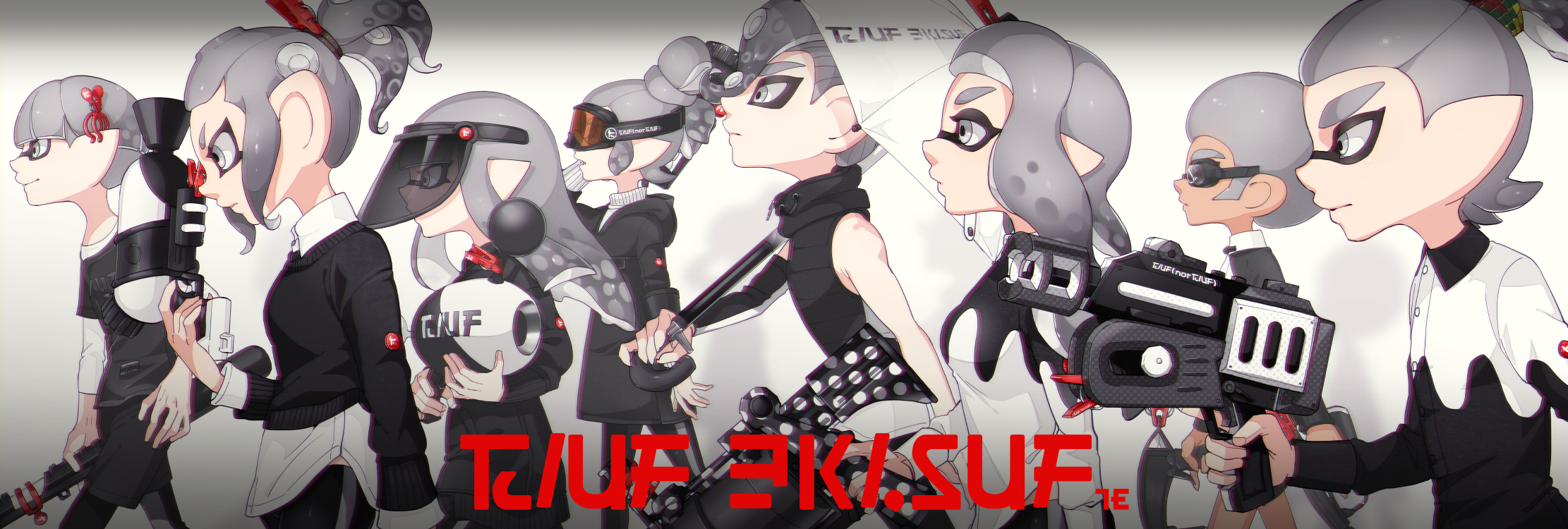 .52_gal_(splatoon) 3girls 5boys afro black_coat black_pants black_shirt blunt_bangs closed_mouth coat collared_shirt dark_skin domik dress_shirt from_side frown goggles grey_background grey_eyes hair_ornament hair_pulled_back hairclip highres holding holding_weapon hood hooded_coat inkling inkling_(language) inkling_boy inkling_girl inkling_player_character l-3_nozzlenose_(splatoon) layered_clothes layered_sleeves leggings logo long_hair long_sleeves luna_blaster_(splatoon) multiple_boys multiple_girls nintendo octoling octoling_boy octoling_girl octoling_player_character pants pointy_ears rapid_blaster_(splatoon) scrunchie shirt short_hair short_over_long_sleeves short_sleeves shorts single_vertical_stripe ski_goggles sleeveless smile splat_brella_(splatoon) splat_charger_(splatoon) splat_dualies_(splatoon) splatoon_(series) splatoon_2 splattershot_(splatoon) standing suction_cups topknot turtleneck visor weapon white_shirt wing_collar
