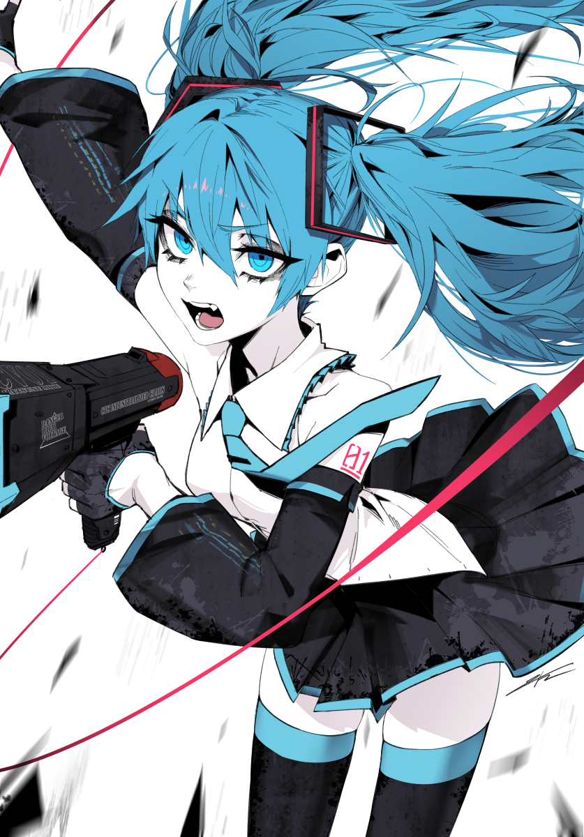 1girl aqua_eyes aqua_hair detached_sleeves hatsune_miku highres j.k. koi_wa_sensou_(vocaloid) megaphone miniskirt music necktie pale_skin singing skirt solo thighhighs twintails vocaloid zettai_ryouiki