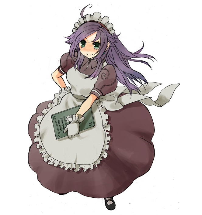 1girl ahoge apron bad_id black_shoes brown_dress clipboard closed_mouth dress frilled_apron frills full_body gloves green_eyes holding holding_clipboard kafra_uniform lala_(sputnik) long_hair looking_at_viewer maid maid_headdress mary_janes pavianne_(ragnarok_online) puffy_short_sleeves puffy_sleeves purple_hair ragnarok_online shoes short_sleeves simple_background smile solo white_apron white_background white_gloves