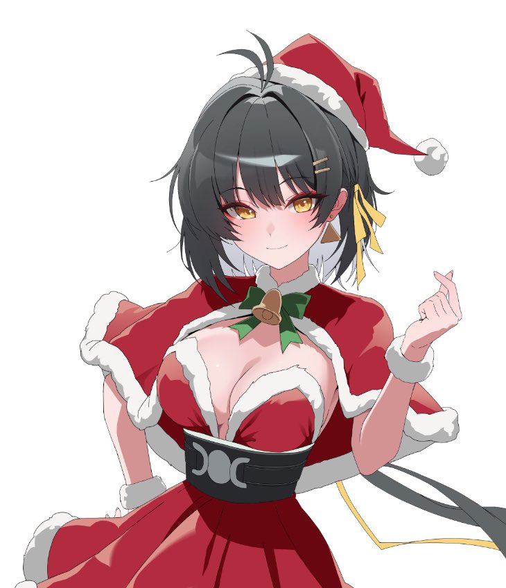 1girl alternate_costume antenna_hair bell black_hair bow bowtie breasts capelet cleavage closed_mouth colored_inner_hair commentary dress earrings female_rover_(wuthering_waves) green_bow green_bowtie hair_ornament hair_ribbon hairclip hand_on_own_hip hat jewelry large_breasts long_hair looking_at_viewer low_ponytail multicolored_hair parallel_hairclips ponytail red_capelet red_dress ribbon rkin rover_(wuthering_waves) santa_costume santa_hat simple_background smile solo strapless strapless_dress symbol-only_commentary triangle_earrings unfinished white_background white_hair wuthering_waves yellow_eyes yellow_ribbon