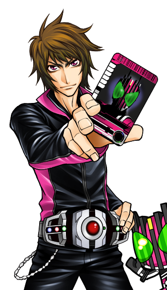 1boy 666nao belt card fujisawa_naoyuki holding holding_card kadoya_tsukasa kamen_rider kamen_rider_dcd kamen_rider_decade male_focus solo
