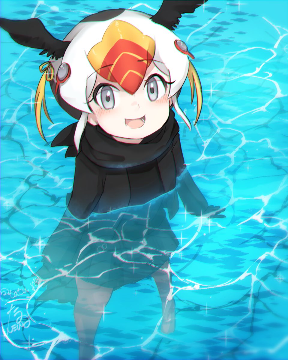 10s 1girl bird_tail bird_wings black_hair blonde_hair blush commentary_request female_focus from_above full_body gloves head_wings highres jacket kemono_friends long_sleeves multicolored_hair pantyhose partially_submerged pleated_skirt red_hair scarf short_hair skirt solo tail tatsuno_newo tufted_puffin_(kemono_friends) water white_hair wings