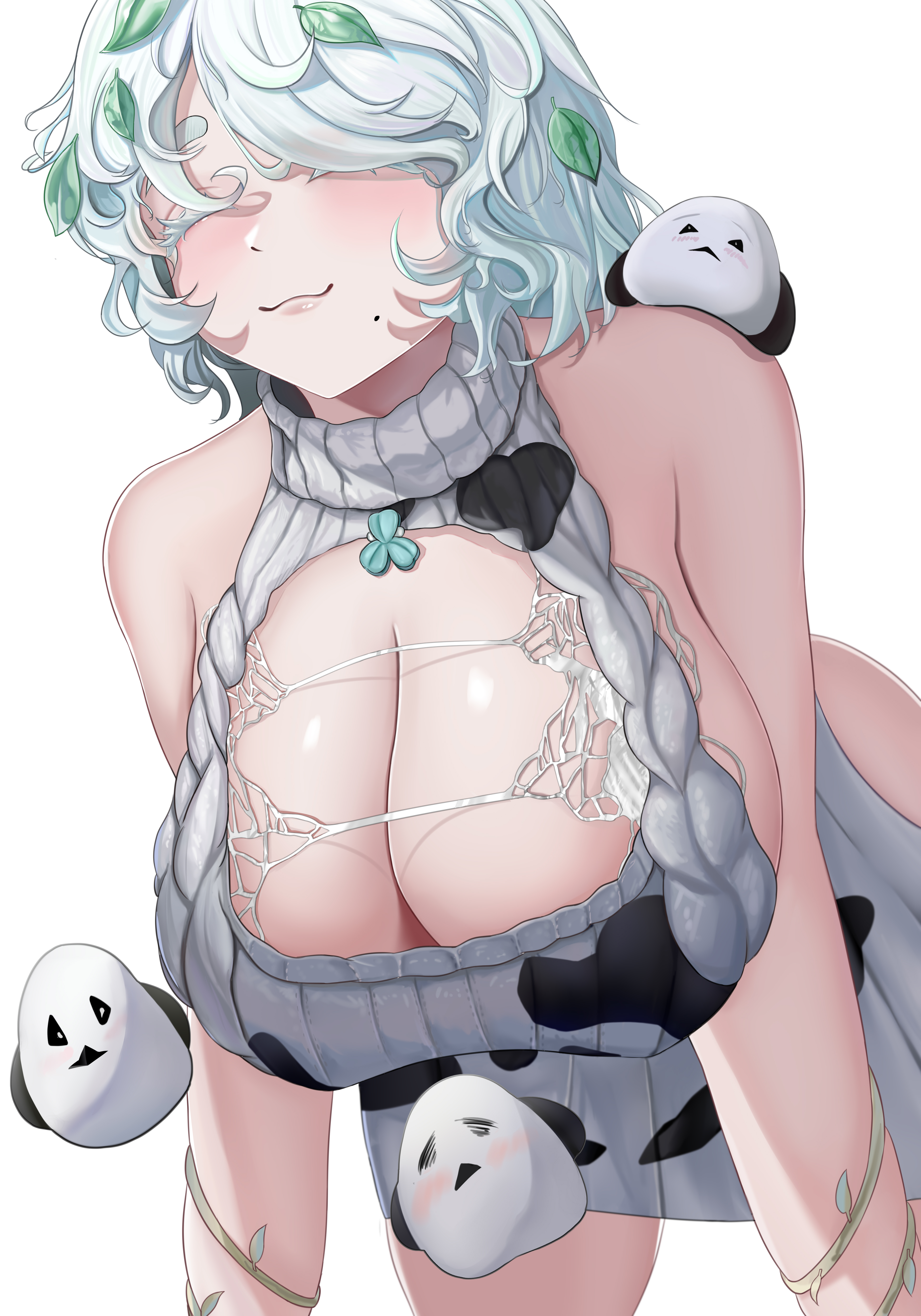 1girl absurdres all_fours animal animal_on_shoulder animal_print bird bird_on_shoulder breasts cleavage closed_eyes commentary_request cow_print goddess_of_victory:_nikke hanging_breasts highres huge_breasts kaminoringo leaf leaf_on_head meme_attire mole mole_under_mouth sideboob simple_background smile solo trina_(nikke) virgin_killer_sweater white_background white_hair