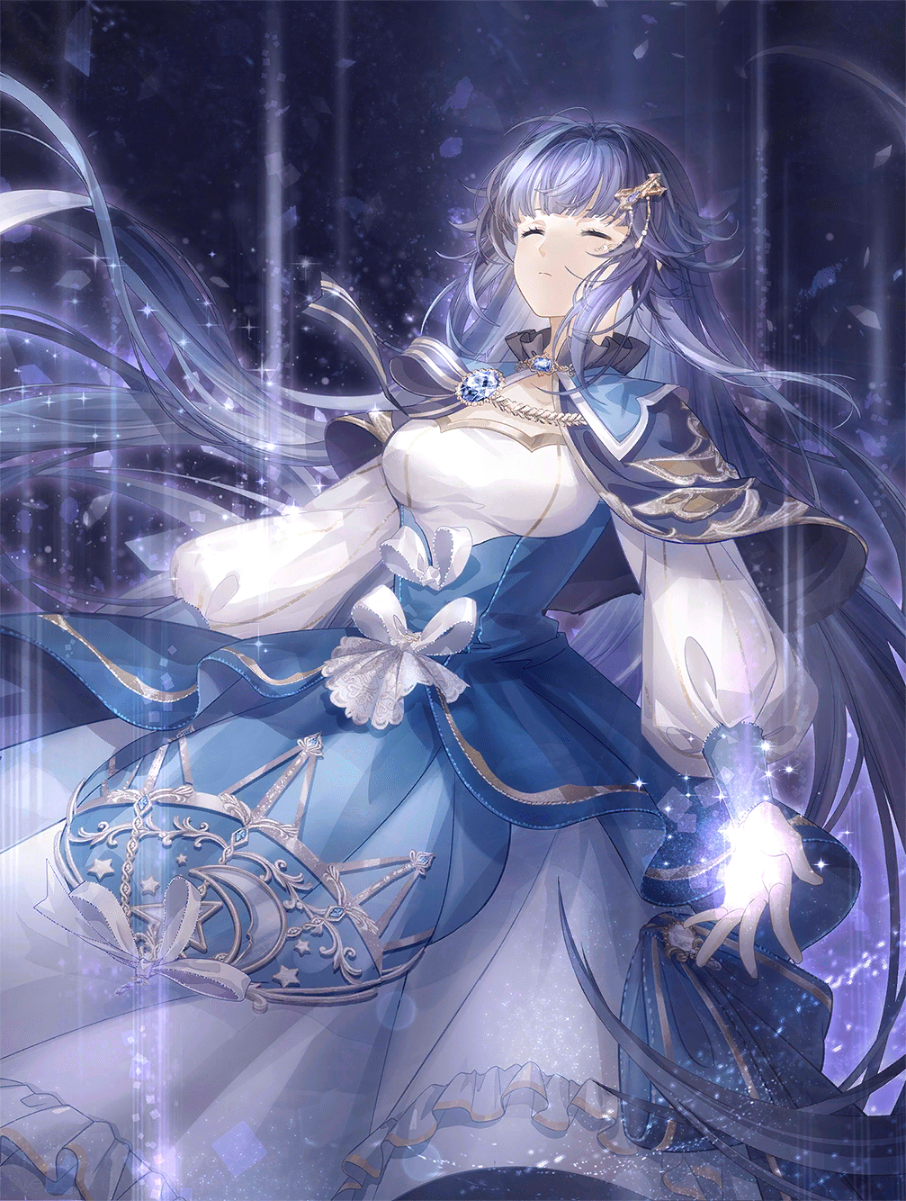 1girl artist_request black_capelet blue_dress blue_gemstone blunt_bangs bow bow_button capelet closed_eyes closed_mouth collared_capelet dress expressionless eyelashes feet_out_of_frame floating_clothes floating_hair frilled_capelet frilled_dress frills game_cg gem gown hair_intakes hair_ornament hairclip highres layered_dress light_particles long_dress long_hair long_sleeves loose_hair_strand miracle_nikki nikki_(series) nolwenn_(miracle_nikki) official_art powering_up puffy_long_sleeves puffy_sleeves purple_background purple_hair solo sparkle third-party_source very_long_hair victorian waist_bow white_bow white_dress