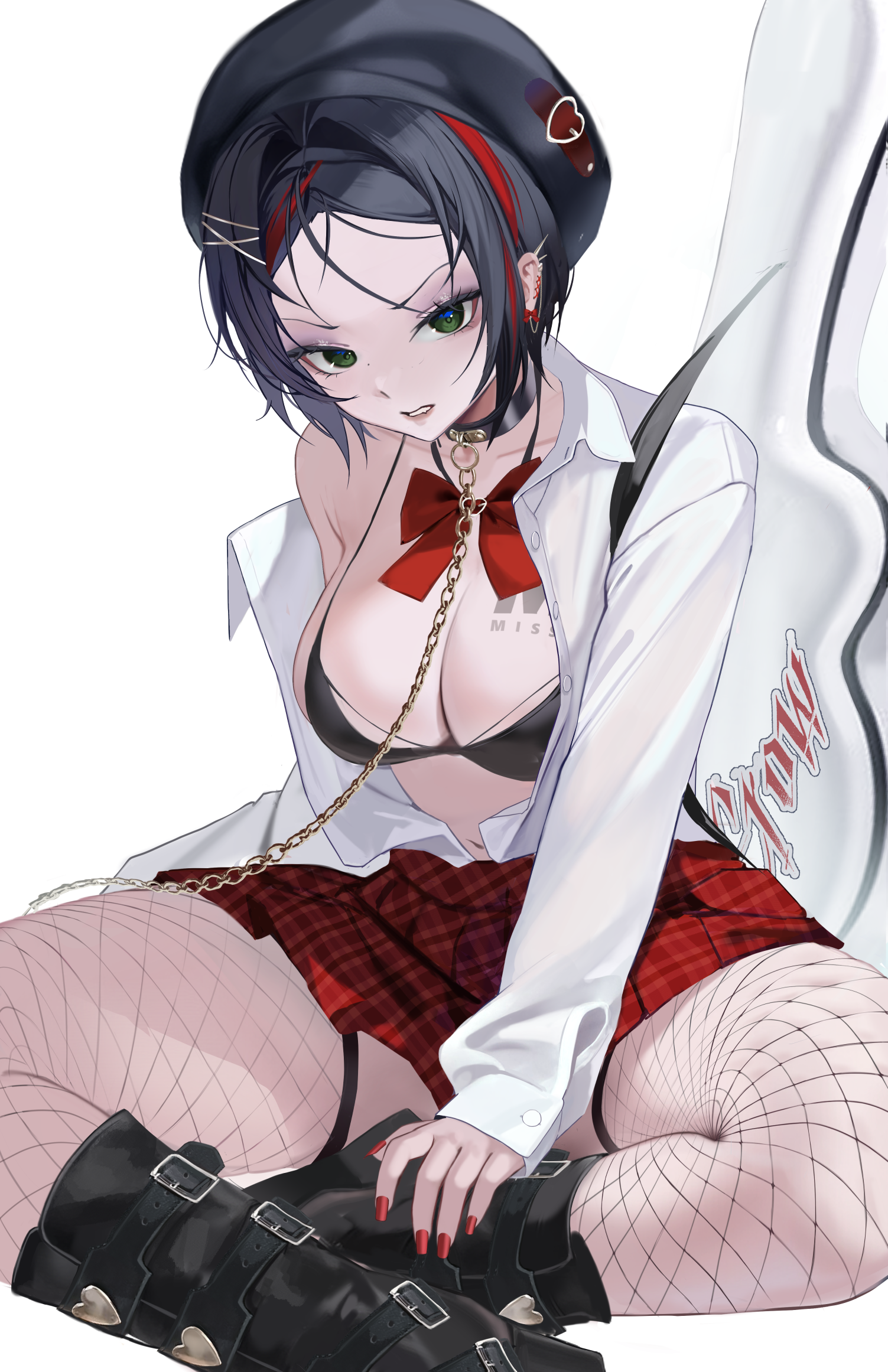1girl alternate_costume beret black_bra black_hair bow bowtie bra breast_tattoo breasts chain chain_leash commentary commission crow_(nikke) ear_piercing fishnet_pantyhose fishnets goddess_of_victory:_nikke gold_chain green_eyes guitar hat highres indian_style instrument large_breasts leash looking_at_viewer midriff miniskirt multicolored_hair navel pantyhose piercing red_bow red_bowtie red_hair red_skirt shirt short_hair simple_background sitting skirt solo streaked_hair tattoo two-tone_hair underwear uyuri_(89976220) white_background white_shirt