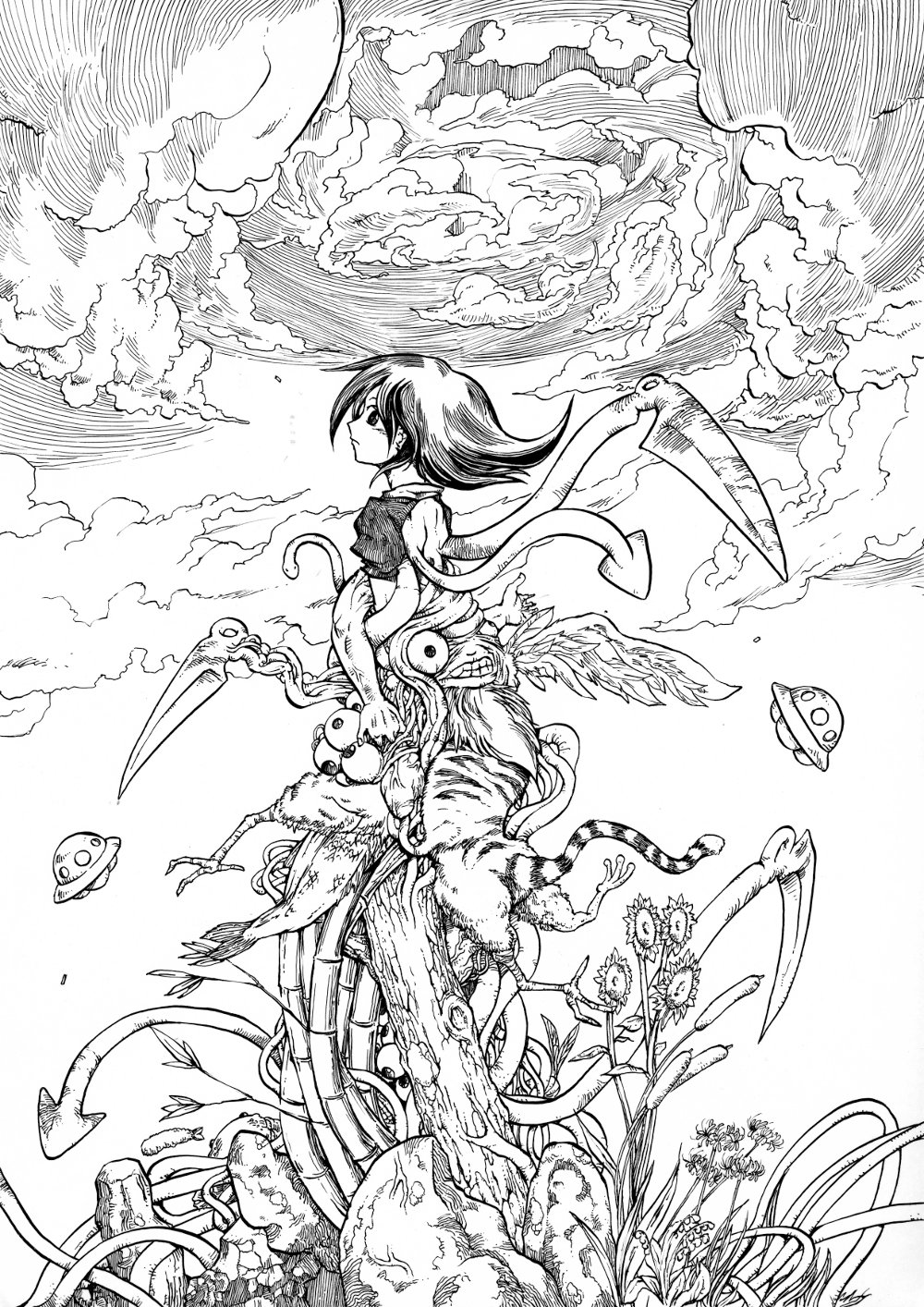 1girl bamboo black_hair chimerism cloud eyeball feathers female_focus fins fish_tail flower food fusion greyscale highres houjuu_nue monochrome pandemonium profile short_hair shrimp shrimp_tempura sky snake solo spider_lily sunflower tail teeth tempura tiger_tail touhou ufo wind wings