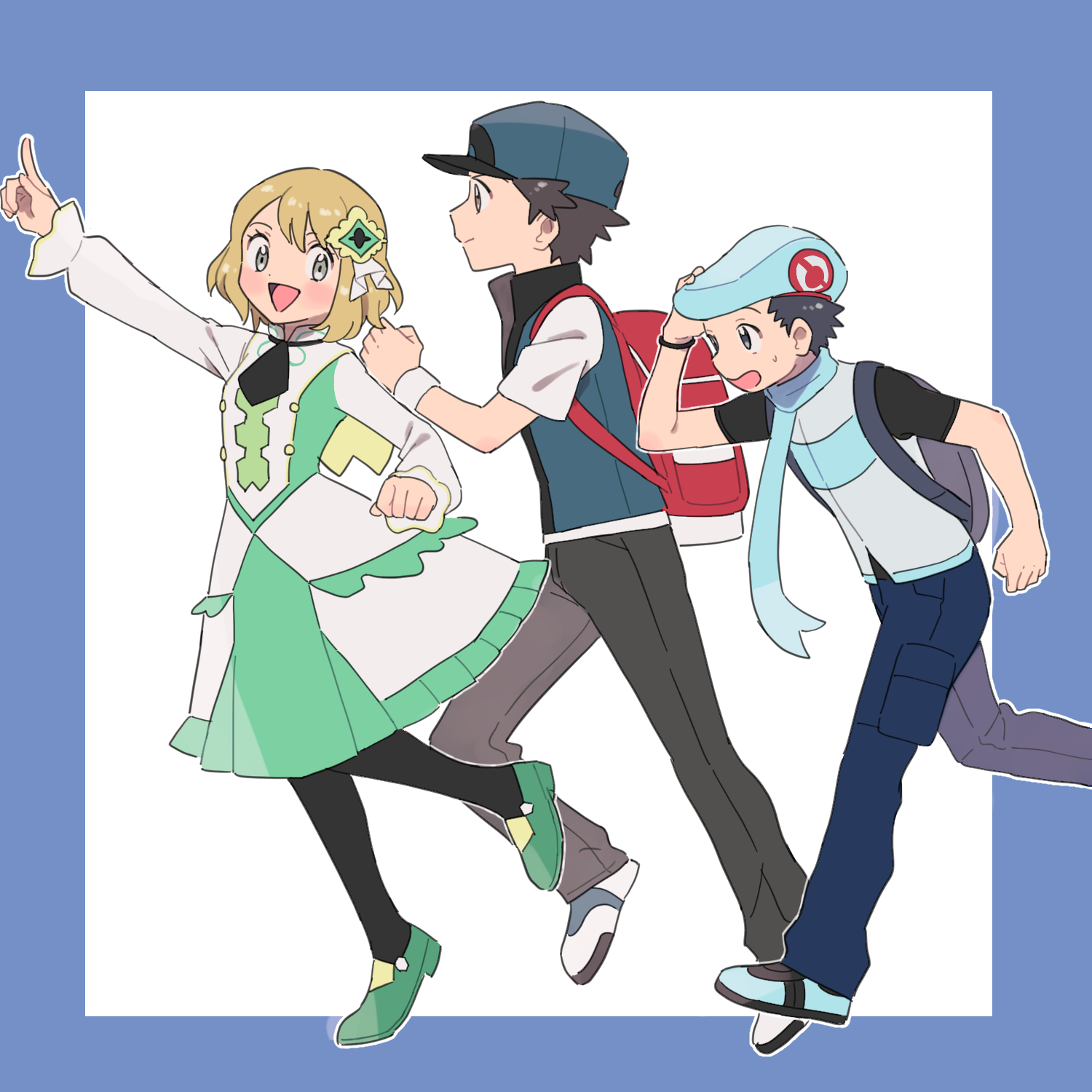 1girl 2boys alternate_color ascot backpack bag baseball_cap beret blue_footwear blue_scarf green_footwear grey_eyes hat highres light_brown_hair lucas_(pokemon) multiple_boys nintendo official_alternate_costume open_mouth pokemon pokemon_masters_ex pumpkinpan red_(pokemon) scarf serena_(pokemon) serena_(sygna_suit)_(pokemon) sweat
