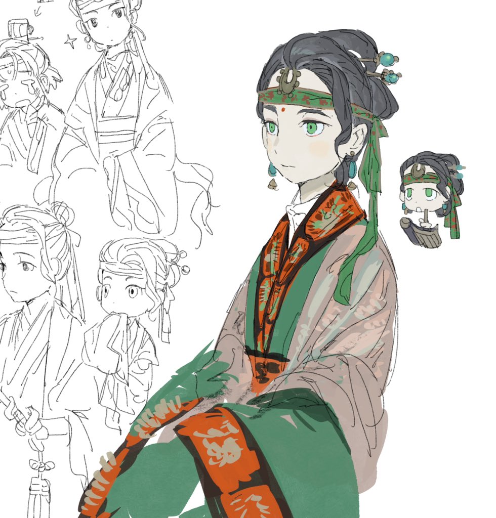 1girl banbi black_hair chinese_clothes facial_mark forehead_mark green_eyes green_hanfu hanfu huadian ma_fu multiple_views original partially_colored wide_sleeves zhijupao