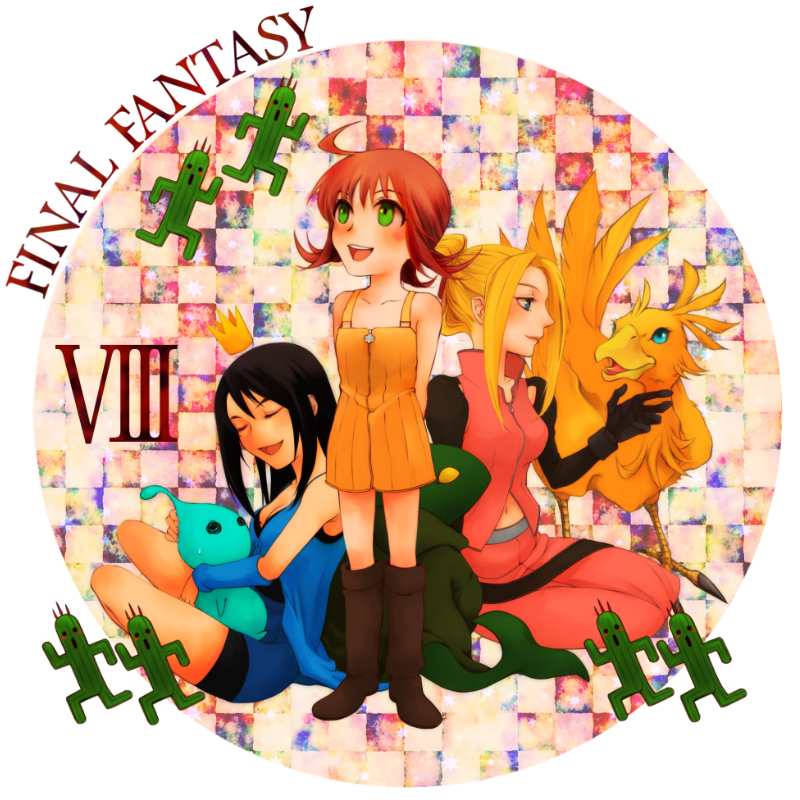 1990s_(style) 3girls :d black_hair blonde_hair blue_eyes boots brown_hair chocobo closed_eyes copyright_name d-maker dress final_fantasy final_fantasy_viii green_eyes multiple_girls open_mouth pupu_(ff8) quistis_trepe retro_artstyle rinoa_heartilly roman_numeral sabotender selphie_tilmitt sitting smile tonberry zipper_dress