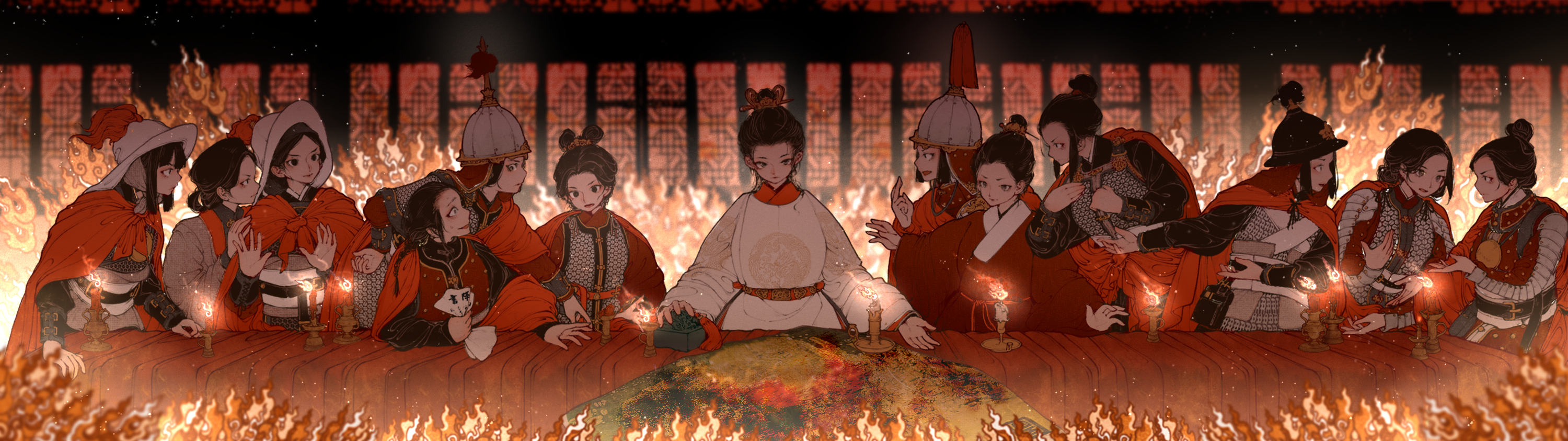 armor black_hair black_hat candle character_request chichenrong chinese_clothes fine_art_parody fire hat highres indoors ming_dynasty parody scale_armor sitting table the_last_supper topknot white_hat