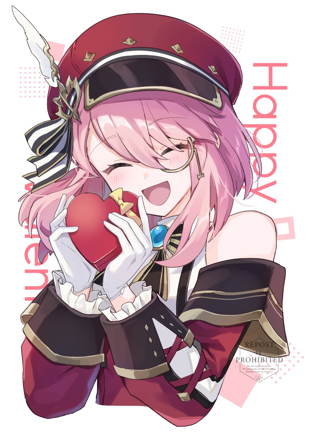 1girl bare_shoulders blue_gemstone bow bowtie box newsboy_cap charlotte_(genshin_impact) closed_eyes commentary_request detached_sleeves english_text facing_viewer floating_hair gem genshin_impact gloves hands_up happy_valentine hat hat_feather heart-shaped_box highres holding holding_box long_sleeves medium_hair open_mouth pink_hair red_hat shirase_(shirose) simple_background smile solo upper_body white_background white_gloves