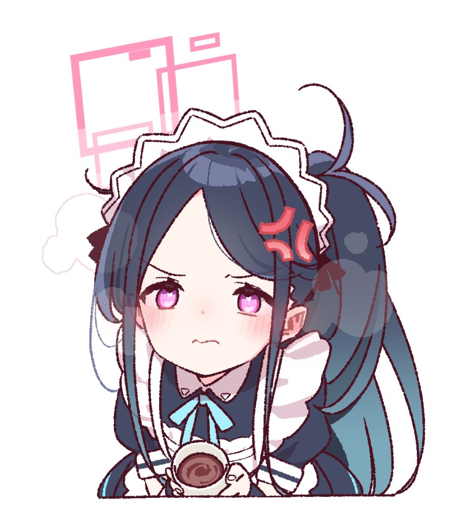 1girl angry apron aris_(blue_archive) aris_(maid)_(blue_archive) blue_archive blush commentary_request cup flat_chest halo holding holding_cup kei_(blue_archive) looking_at_viewer maid maid_apron maid_headdress pink_eyes red_halo simple_background solo white_background yoru_nai