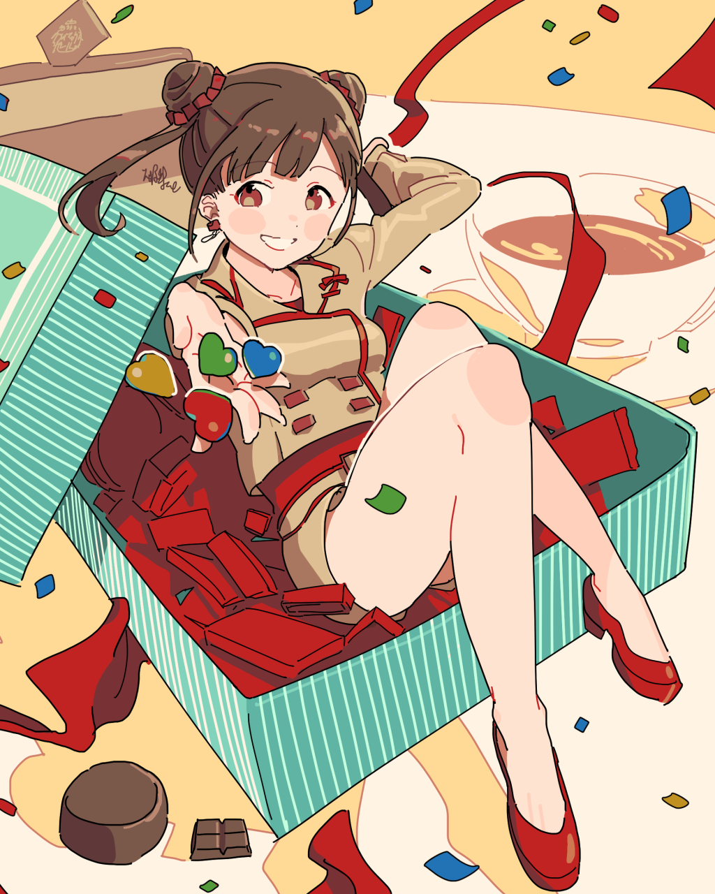 1girl bare_legs beige_jacket beige_shorts brown_eyes brown_hair chocolate commentary_request confetti double_bun giving hair_bun highres idolmaster idolmaster_shiny_colors kakuzato knees_up looking_at_viewer red_footwear short_twintails sitting solo sonoda_chiyoko thighs twintails