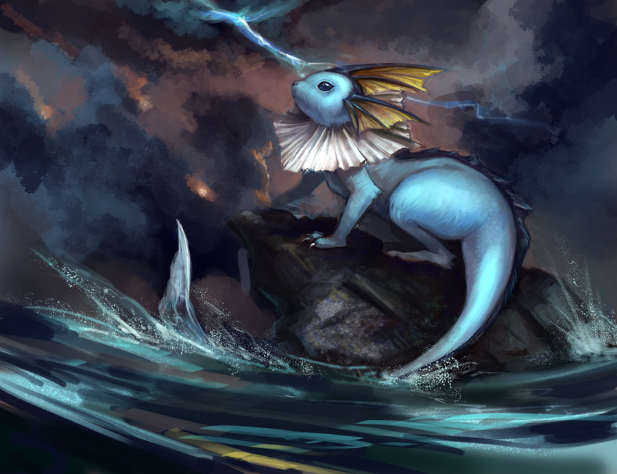 bad_deviantart_id bad_id black_eyes claws cloud creature epic erina fins gen_1_pokemon head_fins lightning nintendo no_humans noa_ikeda pokemon pokemon_(creature) realistic rock storm stormy_waters vaporeon water