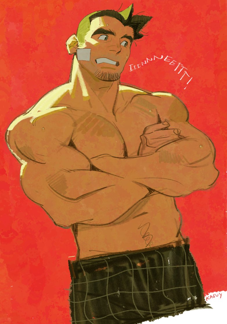 1boy ace_attorney bandaid bandaid_on_cheek bandaid_on_face bara black_hair boxers cropped_legs crossed_arms dick_gumshoe facial_hair goatee large_pectorals looking_to_the_side male_focus male_underwear mr_kasuy muscular muscular_male navel_hair nipples pectorals short_hair sideburns solo stomach stubble sweat sweatdrop thick_eyebrows topless_male underwear unfinished