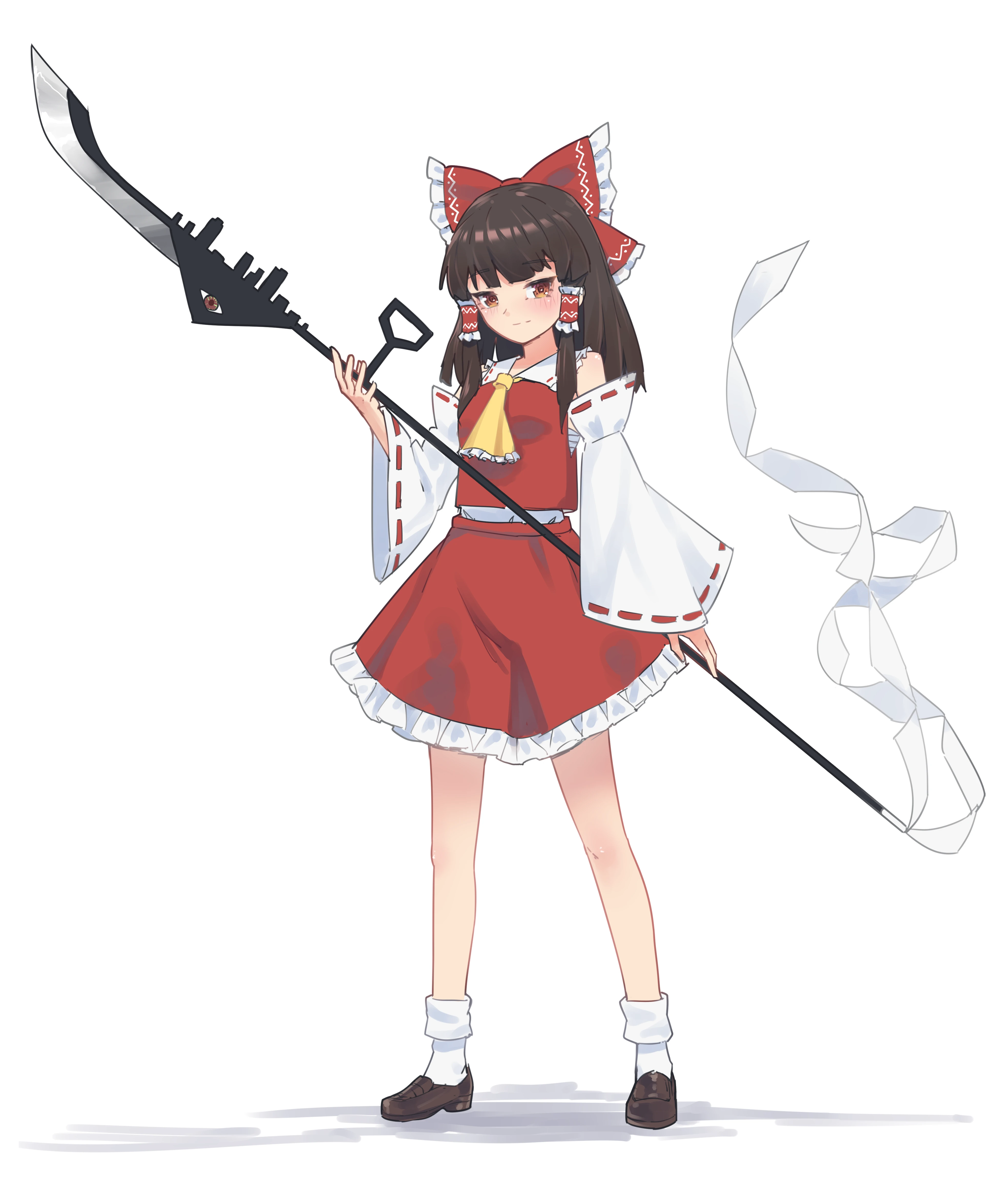 1girl absurdres ascot black_shoes bow brown_eyes brown_hair chinese_commentary closed_mouth collared_shirt commentary detached_sleeves fossilized_wonders frilled_bow frilled_hair_tubes frilled_skirt frills hair_bow hair_tubes hakurei_reimu highres holding holding_polearm holding_weapon littiecy loafers long_hair long_sleeves looking_at_viewer naginata polearm red_bow red_shirt red_skirt shadow shirt shoes sidelocks skirt sleeveless sleeveless_shirt smile socks solo standing touhou weapon white_sleeves white_socks wide_sleeves yellow_ascot