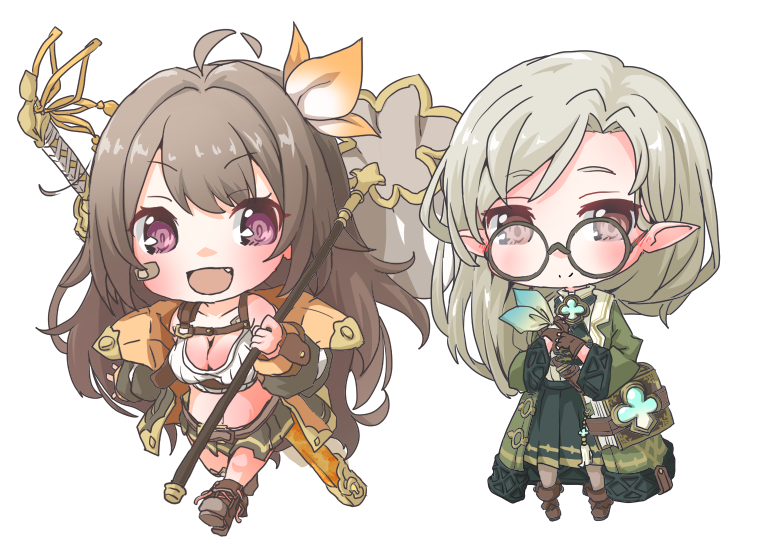 2girls ahoge bandaid bandaid_on_cheek bandaid_on_face bandeau black_skirt boots breasts brown_boots brown_hair butterfly_net chibi chibi_only cleavage coat collared_shirt commentary elf fang full_body green_coat green_skirt grey_pantyhose hand_net holding holding_butterfly_net iroha_(princess_connect!) lace-up_boots large_breasts long_hair long_skirt miniskirt multiple_girls open_clothes open_coat pantyhose pleated_skirt pointy_ears princess_connect! purple_eyes round_eyewear shirt simple_background skirt sono_(princess_connect!) soutsuki_naru standing stomach sword sword_on_back very_long_hair weapon weapon_on_back white_background white_bandeau white_shirt