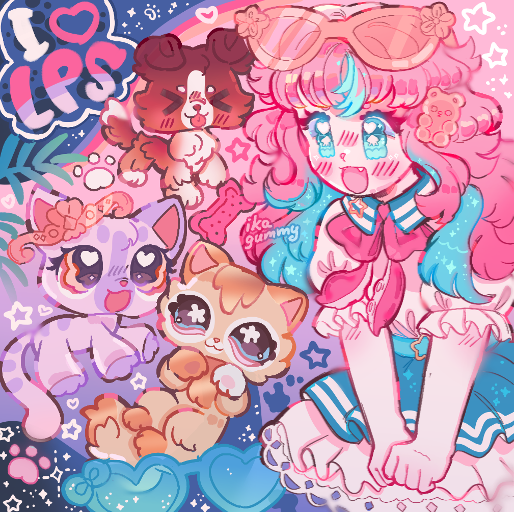 1girl animal blue_eyes blue_hair blue_skirt blush border_collie candy cat character_request colored_inner_hair commentary dog english_commentary eyewear_on_head food frills glowsu gummy_bear heart littlest_pet_shop lps_collie_1542 lps_kitten_870 multicolored_hair open_mouth original paw_print pink_hair skirt smile star_(symbol) sunglasses