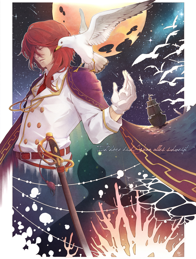 1boy animal animal_on_shoulder belt bird bird_on_shoulder border buttons cape closed_eyes collared_shirt coral flock german_text gloves level-k male_focus meiji_tokyo_renka military military_uniform moon mori_ougai_(meiji_tokyo_renka) naval_uniform necktie red_belt red_necktie seagull ship shirt shooting_star sky star_(sky) starry_sky watercraft whale white_bird white_border white_gloves white_shirt
