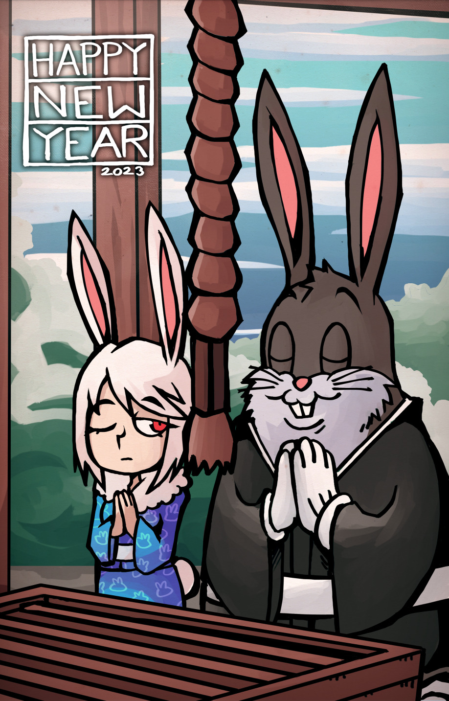 1girl 2023 animal_ears big_chungus_(meme) black_kimono blue_kimono box buck_teeth bugs_bunny character_request chinese_zodiac closed_eyes donation_box gloves happy_new_year highres japanese_clothes kimono looney_tunes meme new_year one_eye_closed rabbit_ears red_eyes rope setz shrine teeth trait_connection white_gloves white_hair year_of_the_rabbit
