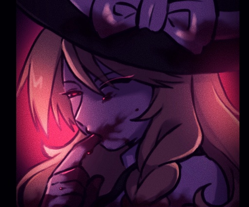 1girl black_hat blonde_hair blood blood_on_face blood_on_hands bow braid commentary_request cookie_(touhou) hat kirisame_marisa long_hair looking_at_viewer one_eye_closed pillarboxed red_background red_eyes s_(esumi_kihomaru) side_braid single_braid solo suzu_(cookie) touhou unusually_open_eyes upper_body vignetting white_bow witch_hat