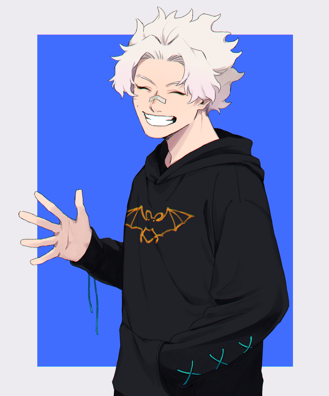 1boy animal_print bandaid bandaid_on_face bandaid_on_nose bat_print black_hoodie blue_background boku_no_hero_academia facing_viewer grin hand_in_pocket highres hood hood_down hooded_sweater hoodie long_sleeves loud_cloud male_focus rnuyvm short_hair sleeves_past_wrists smile solo sweater waving white_hair