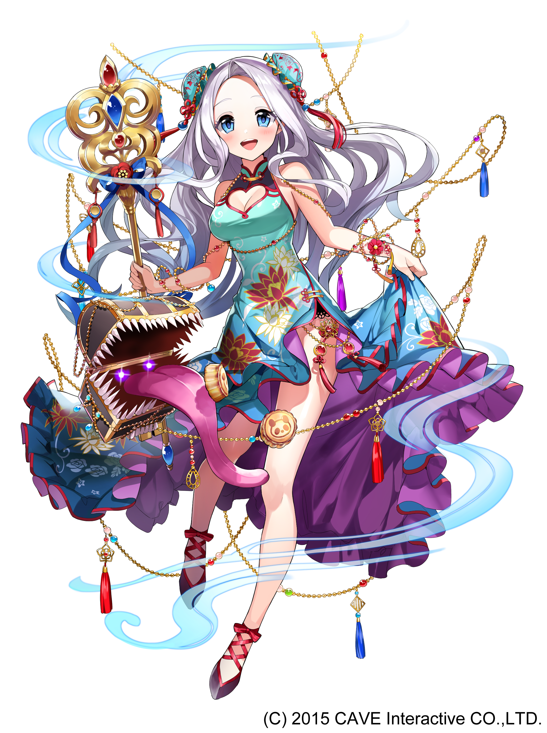 1girl absurdres aqua_dress blue_eyes breasts bun_cover cleavage clothing_cutout double_bun dress female_focus floral_print full_body gothic_wa_mahou_otome hair_bun heart_cutout highres holding holding_staff jewelry long_hair looking_at_viewer masyu_yuyu medium_breasts mimic mimic_chest official_art silver_hair skirt_hold solo staff standing standing_on_one_leg tassel tongue tongue_out very_long_hair watermark